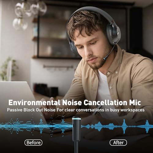 H300 Wireless Headphones with Microphone,Over Ear Bluetooth Headsets, Black | USB Dongle,One-Tap Mute, Environmental Noise Cancelling Retractable Mic for Work Office Call Center Laptop Computer