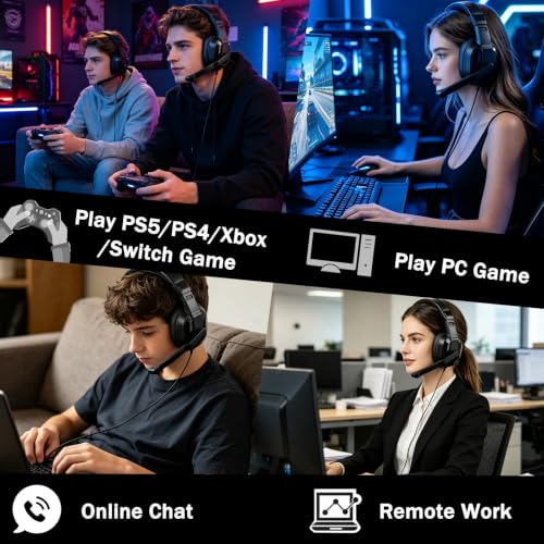 One Ear Gaming Headset with Mic (3.5mm) - Single Ear Headphone with To-shiba Speaker, Protein Earpads Braided Cable for PS5/PS4/Xbox/Switch/PC/iPad/Tablet/Remote Work/Office- with USB-C/USB-A Adapter - color: Black