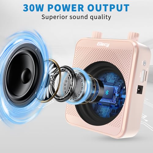 30W Portable Voice Amplifier with Wired Microphone Headset, 2800mAh Rechargeable PA System Speaker Personal Microphone Speech Power Amplifiers Loudspeaker for Teachers/Metting/Tour Guide - color: Pink Rose