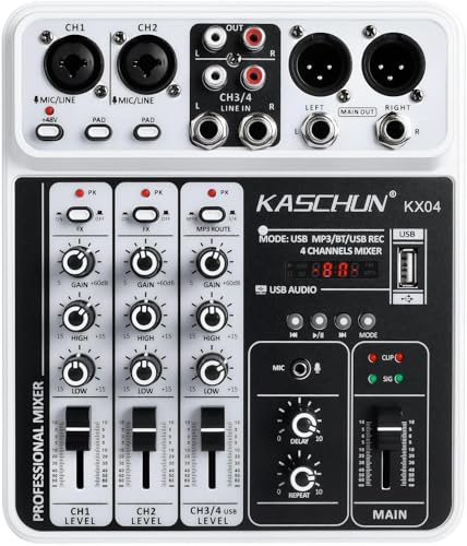 4-Channel DJ Audio Mixer, Bluetooth Sound Board with USB MP3 Input | Compact Mixer Board with 48V Phantom Power, Monitoring, Effects, for Karaoke, Podcast, Live Stream, Home Recording & DJ