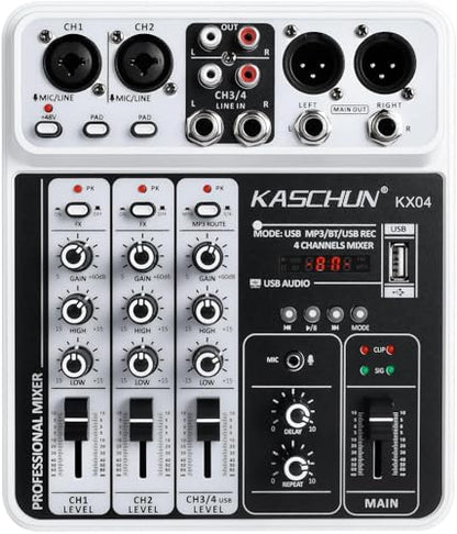 4-Channel DJ Audio Mixer, Bluetooth Sound Board with USB MP3 Input | Compact Mixer Board with 48V Phantom Power, Monitoring, Effects, for Karaoke, Podcast, Live Stream, Home Recording & DJ