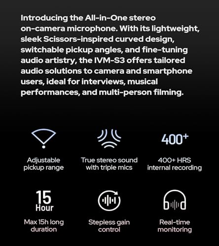 GODOX IVM-S3 Stereo On-Camera Microphone, Cold Shoe Mount Shotgun Cameras Microphone, Adjustable Pickup Range, Memory Card Slot for Cameras, Smart Devices