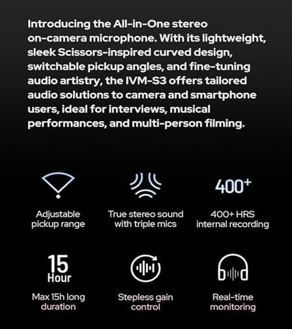 GODOX IVM-S3 Stereo On-Camera Microphone, Cold Shoe Mount Shotgun Cameras Microphone, Adjustable Pickup Range, Memory Card Slot for Cameras, Smart Devices