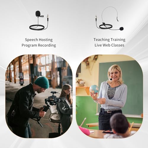 Depusheng UHF Wireless Microphone Headset System -Wireless Headset Mic System, with Lavalier Lapel Mics,200ft Range, 1/8'' and 1/4'' Plug for Recording PA Speaker,Conference