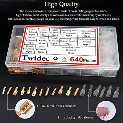 Twidec/640Pcs 2.8/4.8/6.3mm Quick Splice Male and Female Wire Spade Connector Crimp Terminal & Bullet Connectors Terminals Crimp Block Kit Golden with Insulating Sleeve Wiring Car Speaker N-001 - color: Gold 640PCS