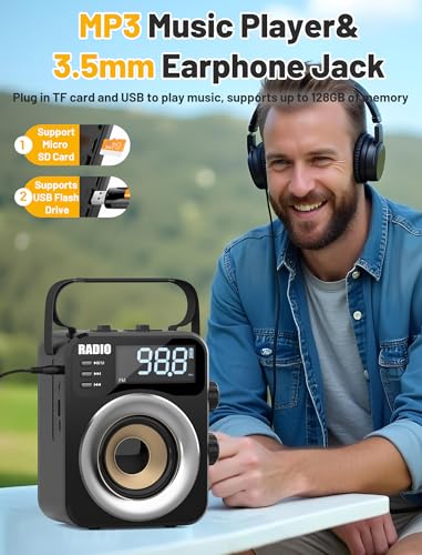 Portable AM/FM/WB/SW Radio, 4000mAh Rechargeable & 3×D Cell Battery Powered | Bluetooth Digital Radios 10W Speaker,TF/USB Playback,LCD Display Weather Alert For Home Outdoor Emergency