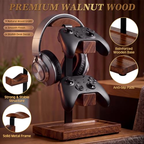 Headphone Stand with Controller Holder, Deep Walnut - color: Deep Walnut