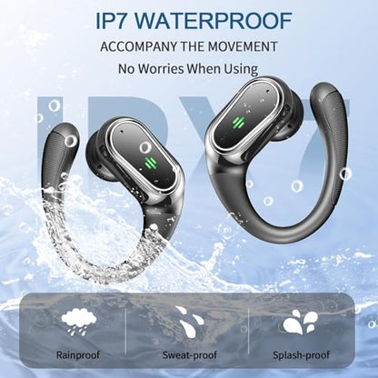 Wireless Earbuds, 2026 Bluetooth 5.4 Headphones Sport, 60Hrs HiFi Stereo Deep Bass Over-Ear buds with ENC Noise Cancelling Mic, IP7 Waterproof & LED Display Earphones with Earhooks for Workout/Running - color: Light Black