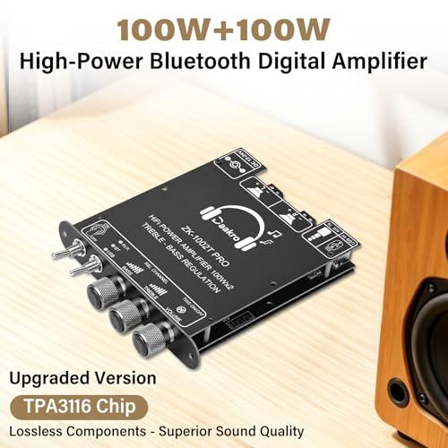 Daakro ZK-1002T PRO 2.0 Channel Bluetooth 5.3 Amplifier Board 200W HiFi Audio AMP with Treble and Bass, TWS,BT USB and AUX Inputs, DC 12-24V 2.0 Channel Stereo AMP Module for DIY Speakers - color: ZK-1002TPRO