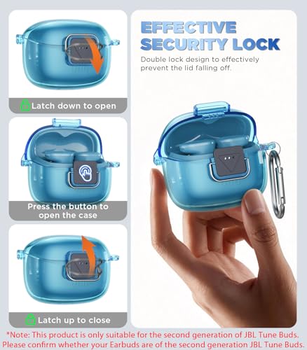 WADVCU[Upgrade Secure Lock] for JBL Tune Buds 2 Case Cover with Cleaner kit, Protective TPU Transparent Hard Shell Compatible with JBL Tune Buds 2nd Gen Earbuds Charging Case with Keychain(Clear Blue) - color: Clear Bule