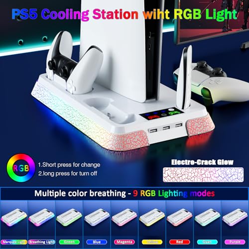 PS5 Stand and Cooling Station with RGB Controller Charging Station for PlayStation 5 Console, PS5/Slim/Pro Controller Charger, PS5 Cooling Stand, PS5/Slim/Pro Accessories Kit with 3 Level Cooler Fan - color: Boom-white