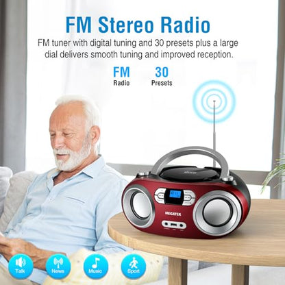 MEGATEK Portable CD Player Boombox with Bluetooth & FM Radio – Cherry Red | USB Playback, Clear Stereo Sound, AUX Input, Headphone Jack, CD-R/RW & MP3-CD Support, LCD Display, AC/Battery Powered - color: Cherry Red
