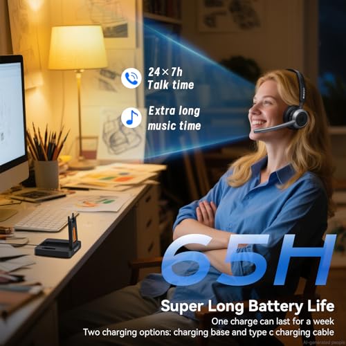 Wireless Headset with Mic for Work, Bluetooth Headset with Microphone(Noise Cancelling), Wireless Headphones with Mic, Mute Button & Charge Base for Work from Home/PC/Call Center/Computer/Zooms/Teams