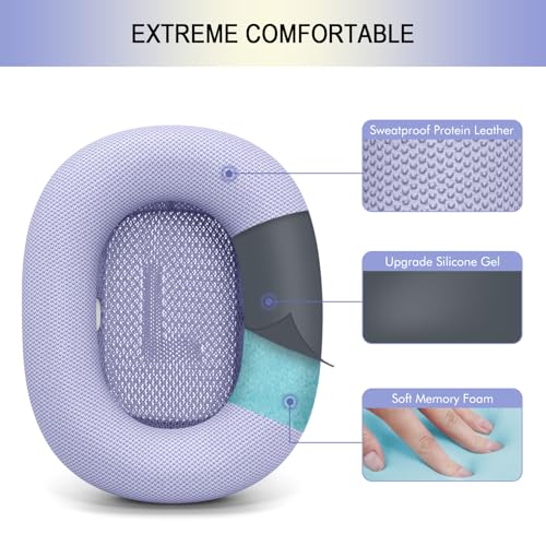 Ear Cushions Replacement for Apple AirPods Max 1 & 2- Cups Headphones Pads | Upgraded Earpads Covers Sweatproof Protein Leather Silicone Foam for Workout & Gym (Purple) - color: Purple