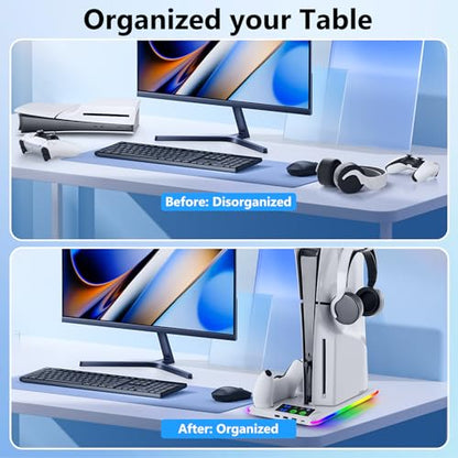 BRHE PS5/Slim/Pro Cooling & Charging Station with Cooling Fan,PS5/Slim/Pro Stand for Disc & Digital Console,PS5 Controller Charger,PS5 Accessories with 3 Charging Ports,Headset Holder - color: Black