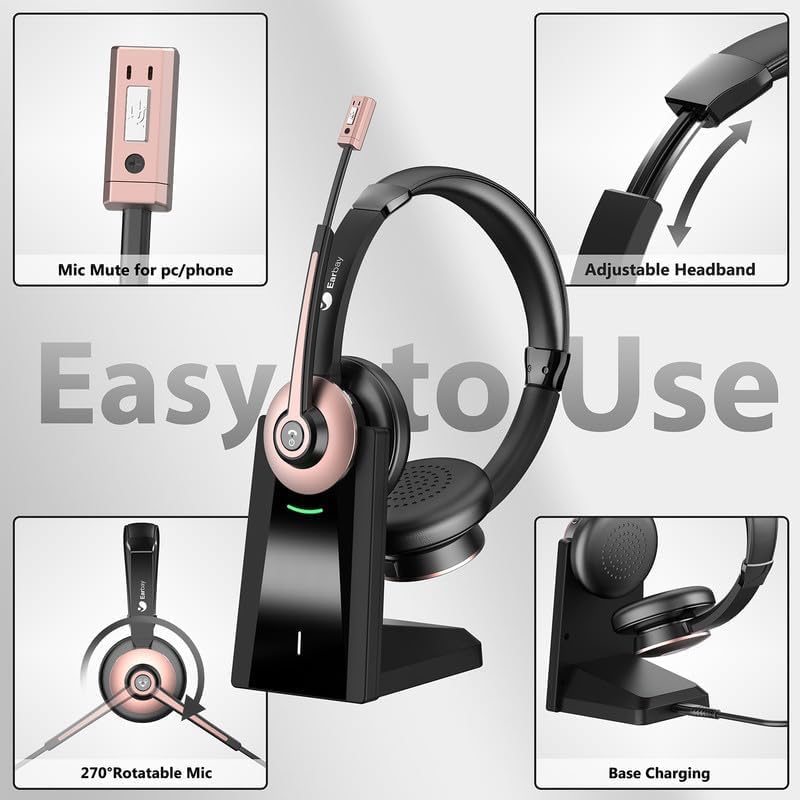 Earbay Wireless Headset, Bluetooth Headphones with Microphone Noise Canceling & Mute, Wireless Headset with Mic & USB Dongle/Charge Dock for Computer Phone Remote Work Office Call Center Teams