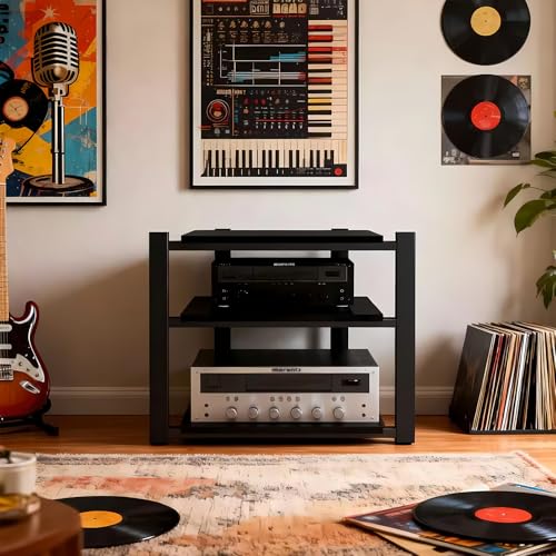 Heavy Duty Audio Rack Tower, Av Media Player Stand with Wooden Shelves, Black Cd Stereo Equipment Cabinet, Suitable for Home,Office/Audio Video/Theate (Black, 3 Tier) - size: 3 Tier