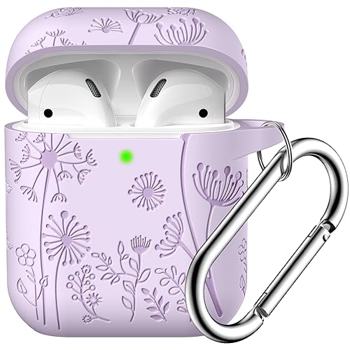 Lerobo for AirPod Case 2nd/1st Generation with Keychain | Flower Engraved Soft Silicone Shockproof Cover for AirPods 2 Case, Wireless Charging, Led Visible, One-piece Design, Lavender - color: Lavender