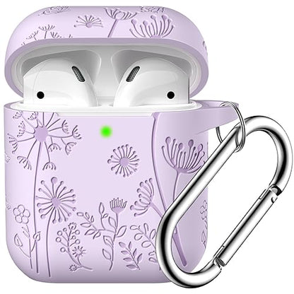 Lerobo for AirPod Case 2nd/1st Generation with Keychain | Flower Engraved Soft Silicone Shockproof Cover for AirPods 2 Case, Wireless Charging, Led Visible, One-piece Design, Lavender - color: Lavender