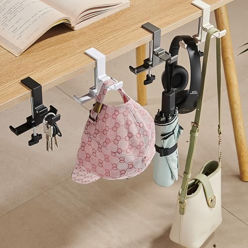 Heavyrain Desk Edge Hook Hanger, No Drilling Headphone Holder with 3 Hooks, Black Metal Clamp-On Organizer for Bags, Backpacks, Headsets (1, Black) - color: Black