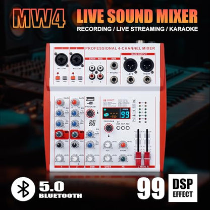 MW4 Professional 4 Channel Audio Mixer | 99 DSP Effects, +48V Phantom Power, USB Sound Console for Live Streaming, Karaoke, Studio Podcast