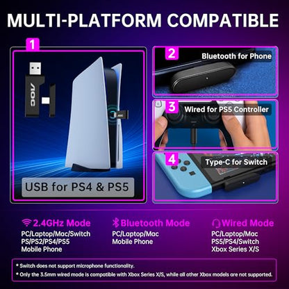 PS5/4, 닌텐도 스위치, PC와 호환되는 무선 게이밍 헤드셋 - 블랙 | 블루투스 5.4 및 2.4GHz 게이밍 헤드폰, 노이즈 캔슬링 마이크, RGB, 타입 C, 20ms 대기 시간, 45H, 7.1 가상 서라운드 - color: 블랙.