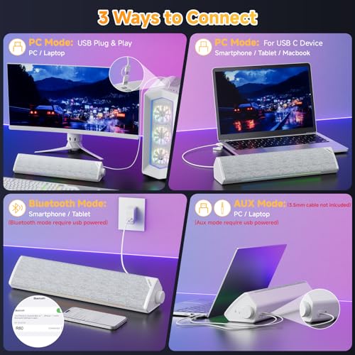 SOULION USB-Powered Wired Bluetooth Computer Speakers for PC Desktop | USB Plug & Play, 5 Dynamic RGB LED Lights Modes, for Desktop, Laptop, Office, Work, Music & Gaming - color: White