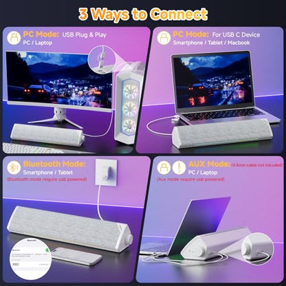 SOULION USB-Powered Wired Bluetooth Computer Speakers for PC Desktop | USB Plug & Play, 5 Dynamic RGB LED Lights Modes, for Desktop, Laptop, Office, Work, Music & Gaming - color: White