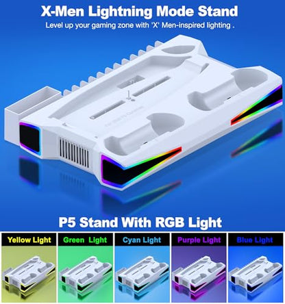 Kawaye PS5 Stand PS5 Cooling Station for PlayStation 5/Pro/Slim Console, PS5 Accessories Vertical Stand with 2.36in Cooling Fan, RGB Light, Dual Controller Charger, Headset Holder, 3 Charger Port - color: White