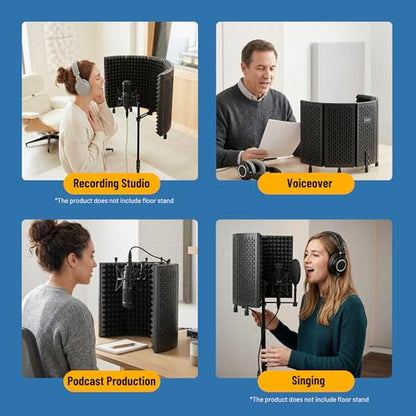 CAHAYA Microphone Isolation Shield Foldable - Mic Shield for Clear Recording Sound Absorbing Foam Reflector with 3/8" and 5/8" Mic Adapter Recording Equipment, Podcasting, Streaming, Home Studio Black