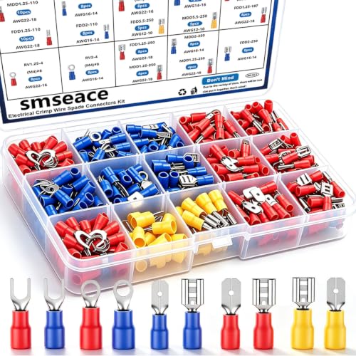 smseace Wire Crimp Connectors 2.8mm/4.8mm/6.3mm 22-10AWG Male and Female Connector kit Insulated Wire Spade/Fork/Ring Electrical Speaker Connector - size: 125Pcs