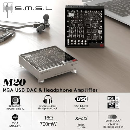 SMSL LIN.LIN.LIN M20 MQA USB DAC MQA-CD USB2.1 USB2.2 Gaming DAC | 4* CS43131Chip 3.5mm & 4.4mm Headphone Amplifier for PS5/SW/PC PCM XMOS XU-316 768kHz/32Bit DSD256 PCM Filter Audio Decoder