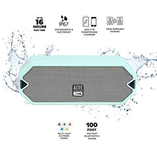 Altec Lansing - HydraJolt Wireless Bluetooth Speaker, Waterproof Portable Speakers with Built in Phone Charger and Lights, Everything Proof Outdoor, Shockproof, Snowproof, 16 Hours Playtime - color: Mint Green, style: HydraJolt