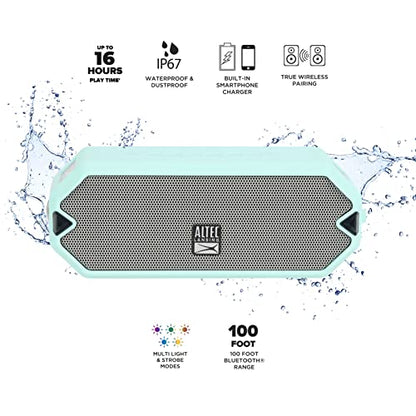 Altec Lansing - HydraJolt Wireless Bluetooth Speaker, Waterproof Portable Speakers with Built in Phone Charger and Lights, Everything Proof Outdoor, Shockproof, Snowproof, 16 Hours Playtime - color: Mint Green, style: HydraJolt