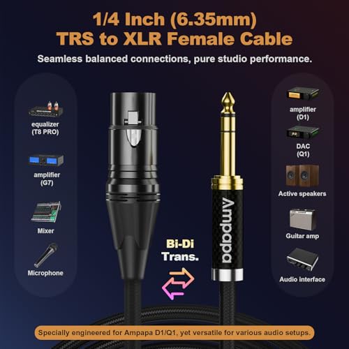 TRS to XLR Cable: 1/4 Inch Balanced Male to XLR Female Audio Cable, 6N OFC, Gold Plated, Braided Shielded Cord for Q1 DAC, D1 Amp, Preamp, Studio, HiFi (1 Pair)