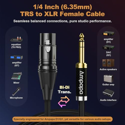 TRS to XLR Cable: 1/4 Inch Balanced Male to XLR Female Audio Cable, 6N OFC, Gold Plated, Braided Shielded Cord for Q1 DAC, D1 Amp, Preamp, Studio, HiFi (1 Pair)