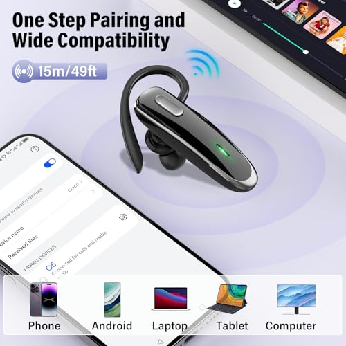 Bluetooth Headset V5.4, Wireless Bluetooth Earpiece with Built-in Dual ENC Mic 10Hrs Talk Time 180 Days Standby for Cell Phone Computer, Mute Buttons Hands-Free Headphones for Trucker/Driver/Business