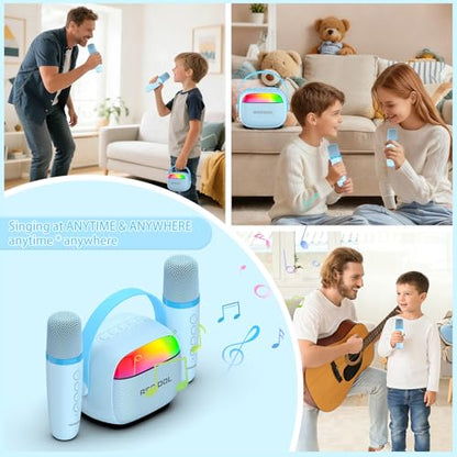 Karaoke Machine for Kids with 2 Wireless Microphones Portable Mini RGB Bluetooth Speaker Birthday Gift Toys for 3 4 5 6 7 8+ Year Old Boys - color: Blue