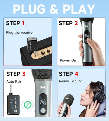 Wireless Microphones for Karaoke Machine, 2 Rechargeable Metal Dynamic Microphones with Receiver, 200FT Stable Wireless Range, 40H Battery Life, Plug and Play for PA Speaker, Amplifier, Church, Party