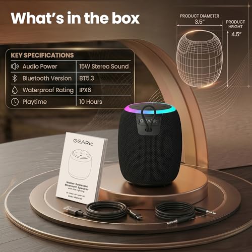 GEARit 15W Bluetooth Speaker, IPX6 Waterproof, RGB Lights, Beach & Travel | 10-Hour Battery, USB-C Charging, Bluetooth 5.3, TWS Stereo — Beach, Shower, Travel & Office, Hands-Free Calls - size: Portable - 16W