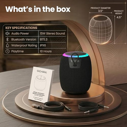 GEARit 15W Bluetooth Speaker, IPX6 Waterproof, RGB Lights, Beach & Travel | 10-Hour Battery, USB-C Charging, Bluetooth 5.3, TWS Stereo — Beach, Shower, Travel & Office, Hands-Free Calls - size: Portable - 16W