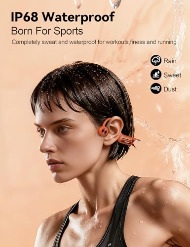 Bone Conduction Headphones, Open Ear Headphones with MP3 Mode 32GB, 10Hrs Playtime IP68 Waterproof Swimming Headphones Secure Fit for Running, Cycling, Work, Gift（Orange）