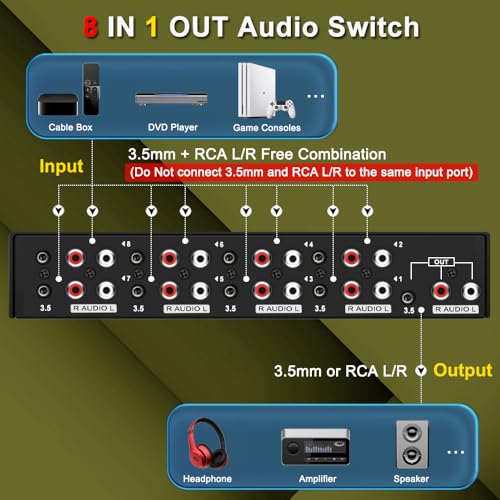 3.5mm Aux + RCA L/R 양방향 스테레오 오디오 스위치 8 in 1 출력 A/B 아날로그 오디오 스위치 셀렉터