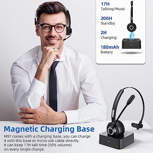 Call Center Headset, Noise Cancelling Comfort 300° Flexible Noise Cancelling Microphone, Bluetooth Headset with 10 M Wireless Range, with Magnetic Charging Base, Suitable for Office Classroom.