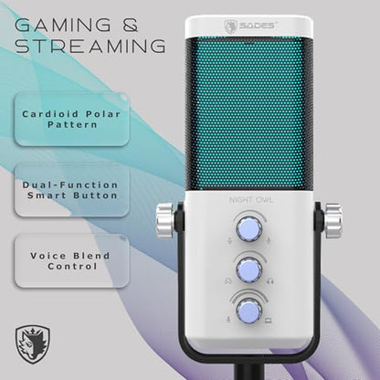 Sades Night Owl USB Gaming Microphone – Cardioid Condenser Mic with RGB Lighting, Gain Control, Plug and Play for PC, Streaming & Podcasting (White) - color: White