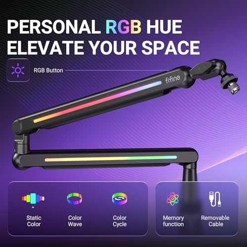 FIFINE BM88Pro RGB Low Profile Microphone Boom Arm for Gaming Streaming | Adjustable Mic Stand, Controllable RGB, Desk Mount Clamp, Cable Management, Screw Adapter - color: black