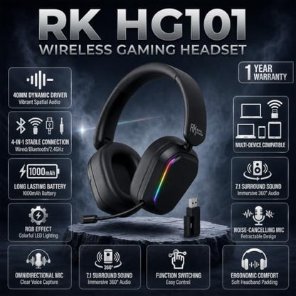 RK ROYAL KLUDGE HG101 V2 Wireless Gaming Headset, 2.4G/Bluetooth 6.0/3.5mm Wired Headphones, 7.1 Surround Sound, 40mm Drivers, Memory Foam Cushions, Works with Xbox, PS4/5, PC, Switch, Black - color: Black