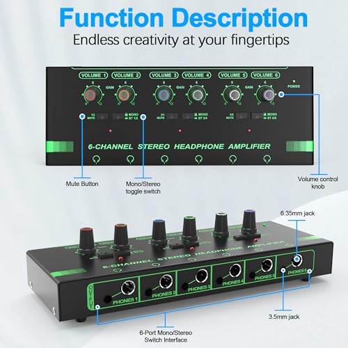 HOSONGIN 6 Channels Headphone Amplifier with Independent Volume Control, Compact Mini Earphone Splitter, Stereo/Mono Switch, Compatible with 1/4" & 1/8" TS/TRS for Studio & Stage