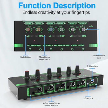 HOSONGIN 6 Channels Headphone Amplifier with Independent Volume Control, Compact Mini Earphone Splitter, Stereo/Mono Switch, Compatible with 1/4" & 1/8" TS/TRS for Studio & Stage