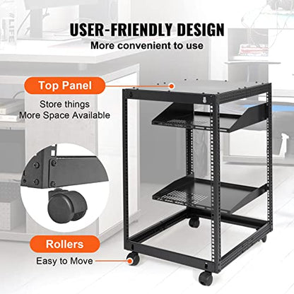 VEVOR 15U Open Frame Server Rack, 23''-40'' Adjustable Depth, Free Standing or Wall Mount Network Server Rack, 4 Post AV Rack with Casters, Holds All Your Networking IT Equipment AV Gear Router Modem - size: 15U